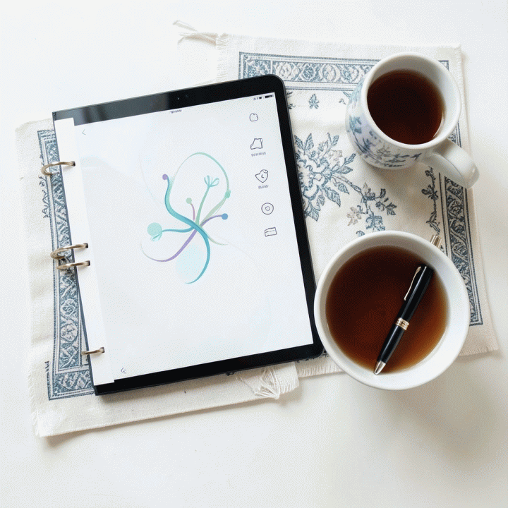 Tampilan atas (flat lay) dari perlengkapan ibadah dan perencanaan digital yang rapi, menunjukkan rutinitas spiritual yang terorganisir.