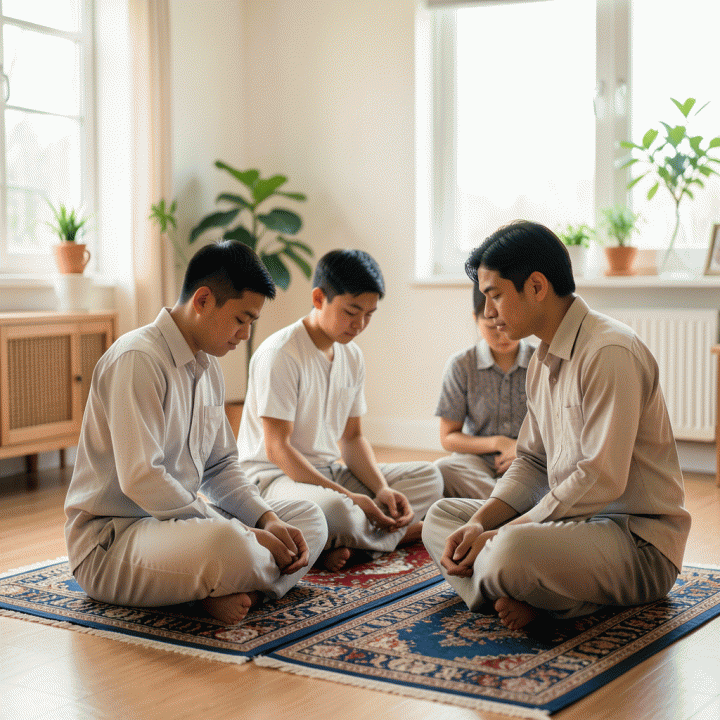Suasana hangat seorang Muslim yang melakukan persiapan atau menjalankan ibadah harian dalam rutinitas yang konsisten di rumah modern.