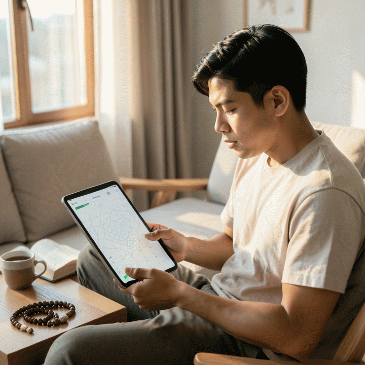 Seorang pemuda Indonesia yang fokus dan tenang meninjau progress ibadahnya di sebuah tablet digital berlatar ruang tamu minimalis modern dengan pencahayaan alami yang hangat.