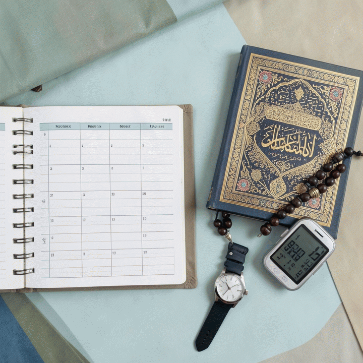 Foto susunan flat lay yang estetik berisi jurnal pelacak kebiasaan ibadah, tasbih, Al-Quran mini, dan alat tulis di atas permukaan kayu bersih.