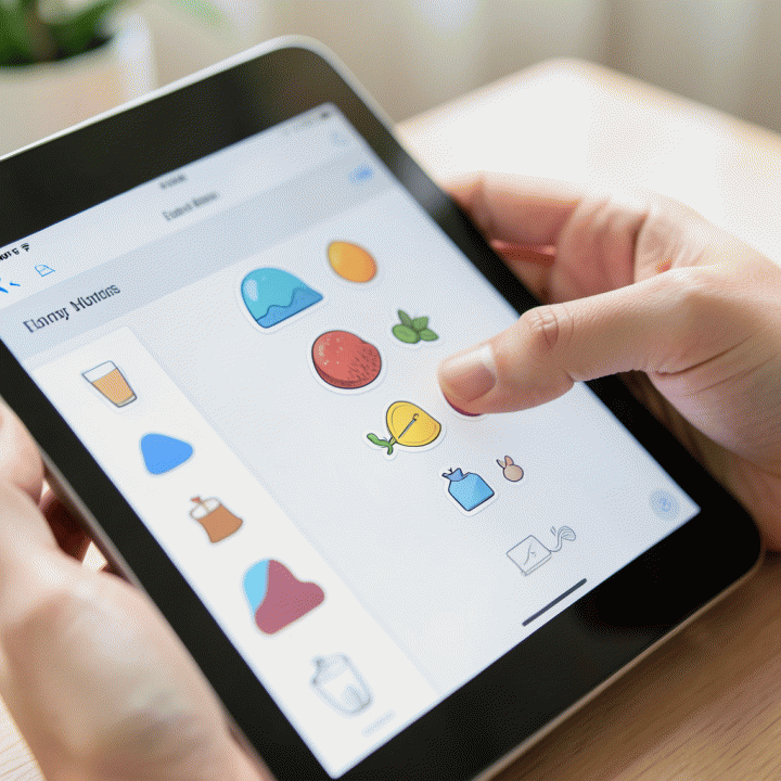 Hand selecting and arranging digital sticker elements in a design application.