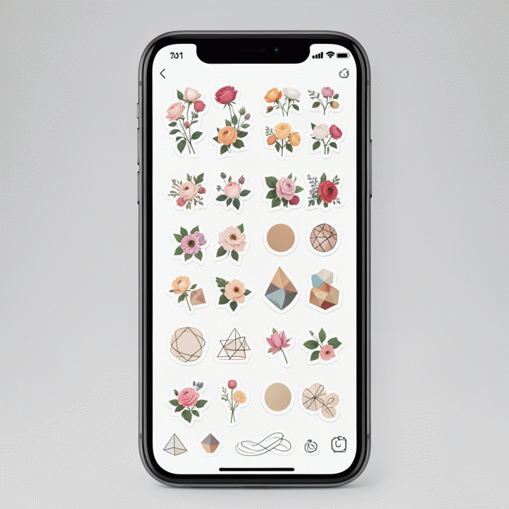 Arrangement of various digital sticker packs on a smartphone screen interface.