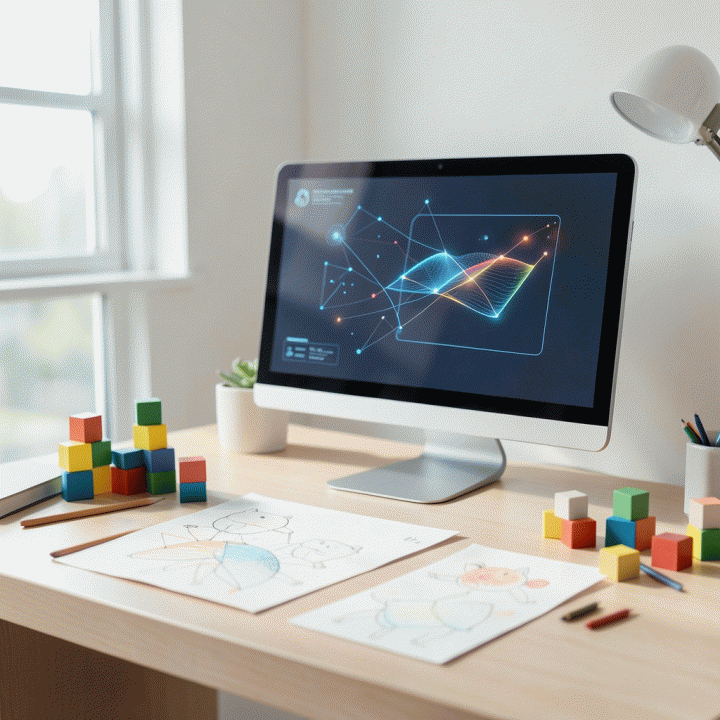 Tampilan meja belajar modern yang menunjukkan perpaduan antara sumber daya fisik dan bantuan digital AI, melambangkan kemudahan menyusun materi ajar.
