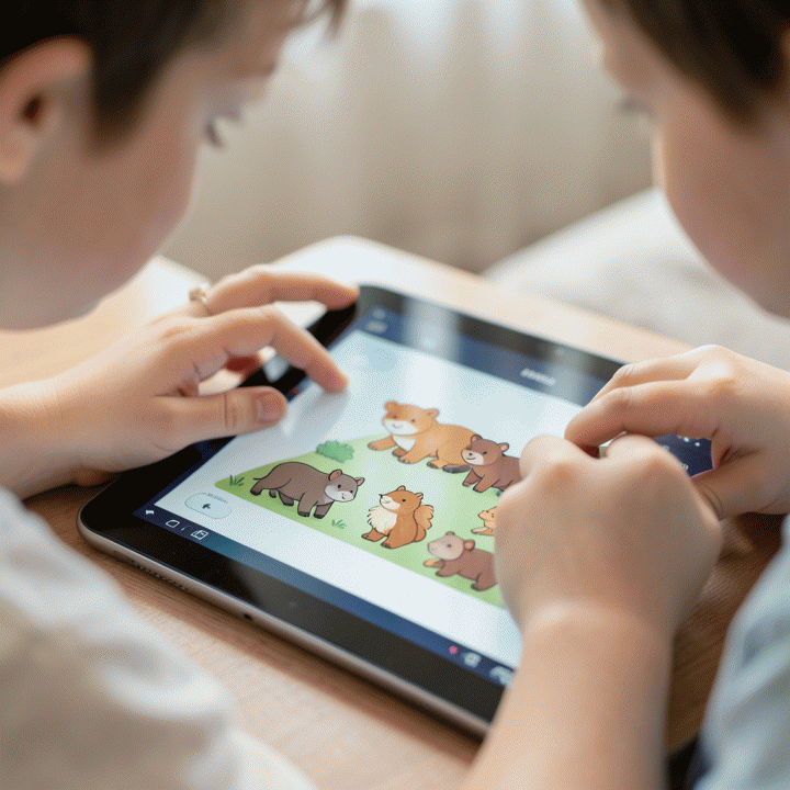 Hands of a child interacting with a tablet displaying an animated learning lesson.