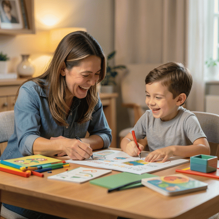 A parent and a child collaborating happily over a table planning an educational activity.