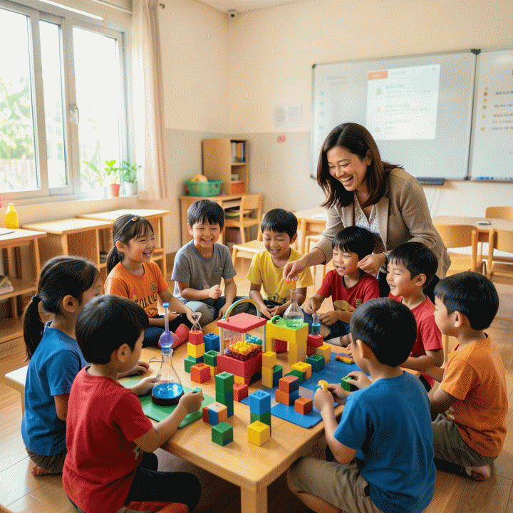 Siswa-siswi SD Indonesia yang antusias dan bersemangat melakukan aktivitas belajar interaktif berbasis bermain di kelas yang cerah.