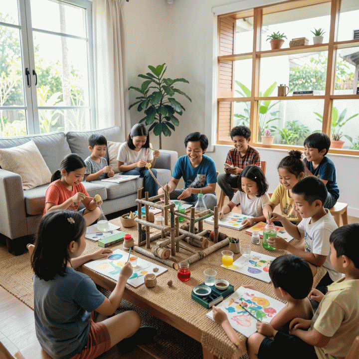 Adegan keluarga Indonesia yang ceria di ruang belajar modern, menunjukkan anak-anak berinteraksi dalam berbagai aktivitas STEAM yang kreatif, seperti merakit model sains dan berkarya seni.