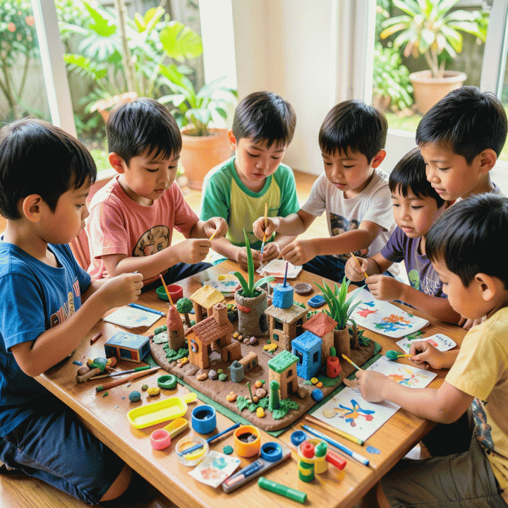 Sekelompok anak Indonesia yang sedang bermain peran dan berkreasi dengan bahan daur ulang untuk membangun miniatur kota, menunjukkan kerja sama tim.