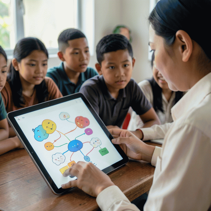 Seorang guru membimbing siswa melalui aktivitas belajar interaktif menggunakan perangkat digital.
