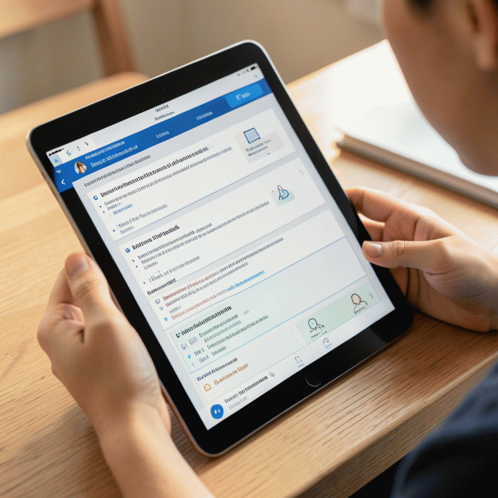 Guru menggunakan tablet untuk membuat rencana pelajaran dan aktivitas kelas interaktif dengan mudah menggunakan AI.