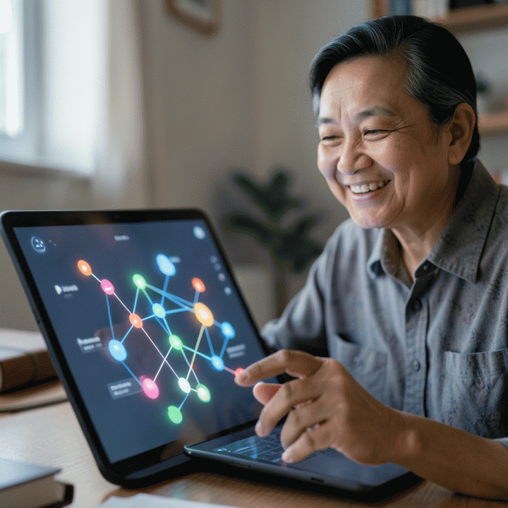 Guru menggunakan AI untuk membuat rencana pembelajaran interaktif di tablet.