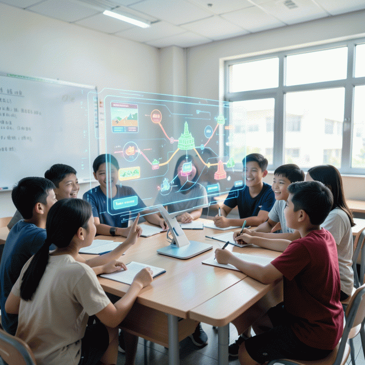 Siswa Indonesia yang antusias berinteraksi dengan materi pelajaran edukasi berbasis game hologram di kelas modern.