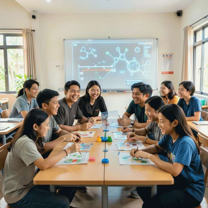 Sekelompok siswa Indonesia yang bersemangat terlibat dalam permainan edukasi interaktif di kelas modern, didukung oleh teknologi digital yang futuristik.