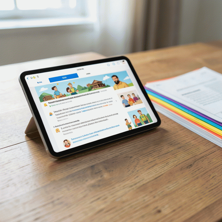 Tablet menampilkan kuis edukasi interaktif, menunjukkan kemudahan pembuatan materi pembelajaran menggunakan teknologi.