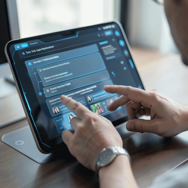 Tangan guru memasukkan prompt topik ke antarmuka aplikasi AI futuristik untuk menghasilkan rencana pelajaran dan ide aktivitas secara real-time.