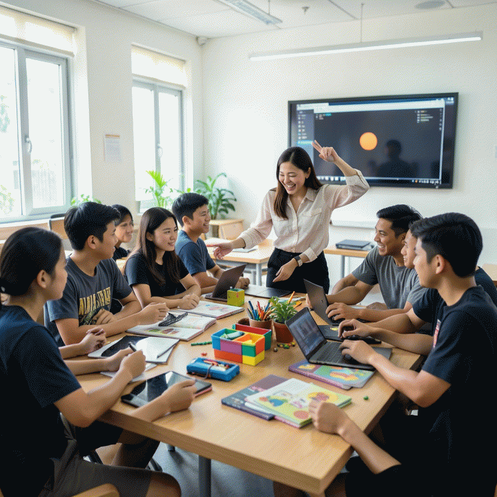 Kelas modern yang interaktif dengan siswa-siswa Indonesia yang antusias berkolaborasi dalam kegiatan belajar kelompok.