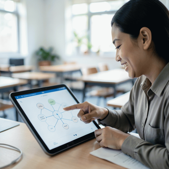 Guru berinteraksi dengan siswa menggunakan tablet untuk memvisualisasikan alur materi pembelajaran yang kompleks.