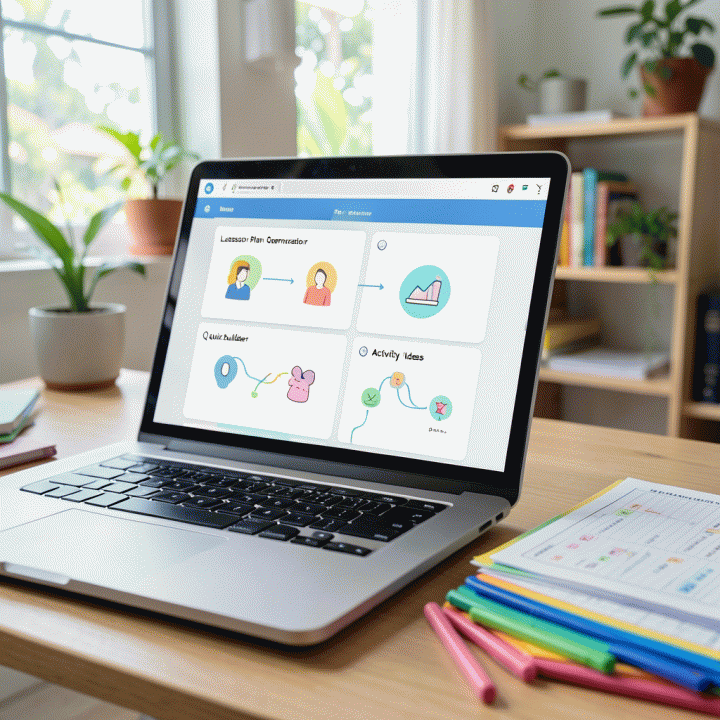 Tampilan antarmuka AI di laptop yang membantu guru membuat paket pembelajaran lengkap dengan cepat dan mudah.