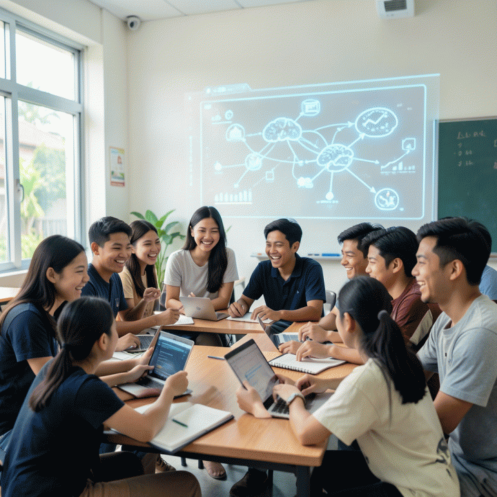Kelas modern dan interaktif di Indonesia dengan siswa yang gembira berinteraksi dalam aktivitas belajar berbasis teknologi yang didukung AI.