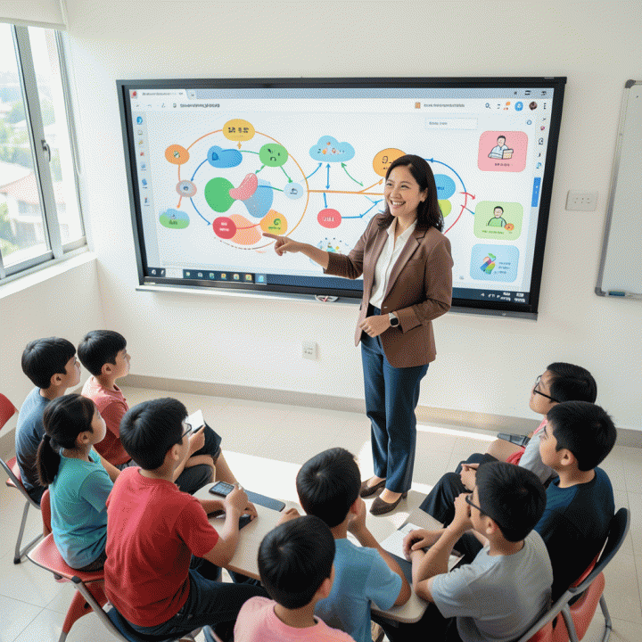 Guru yang memandu siswa dalam aktivitas kelas interaktif menggunakan materi ajar digital yang menarik.