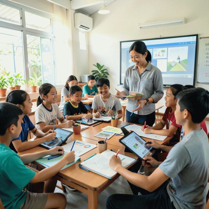 Kelas modern Indonesia yang interaktif, menunjukkan siswa dan guru yang terlibat aktif dalam kegiatan pembelajaran berbasis teknologi dan kolaborasi.