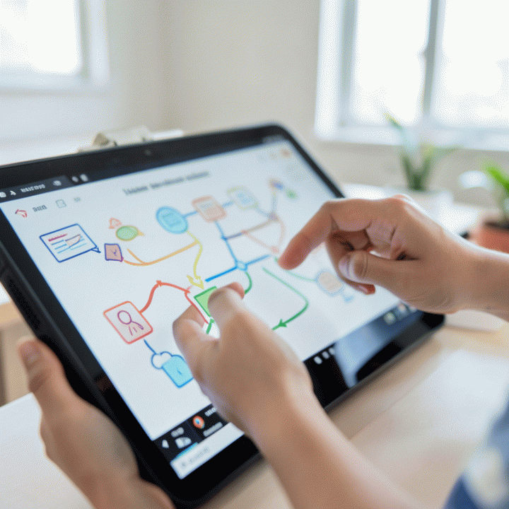 Tangan guru berinteraksi dengan layar digital untuk merencanakan materi ajar yang interaktif.