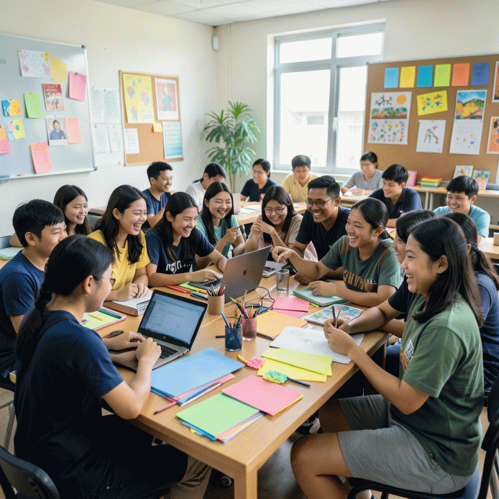 Gambar kelas interaktif yang penuh energi dengan siswa Indonesia dari berbagai latar belakang usia sedang bekerja sama dalam aktivitas belajar kreatif. Menampilkan suasana kolaborasi dan kegembiraan belajar.
