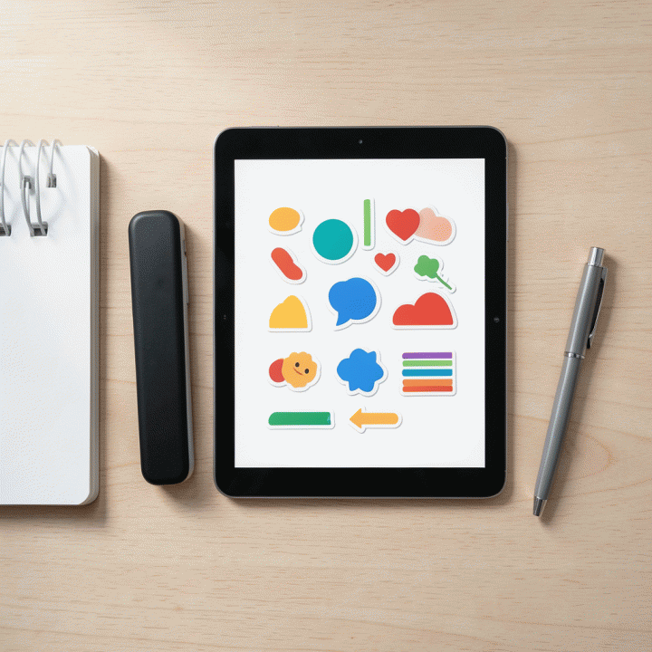 Komposisi flat lay yang menampilkan perangkat digital dan aset stiker, menggambarkan perpaduan antara desain digital dan perencanaan fisik.
