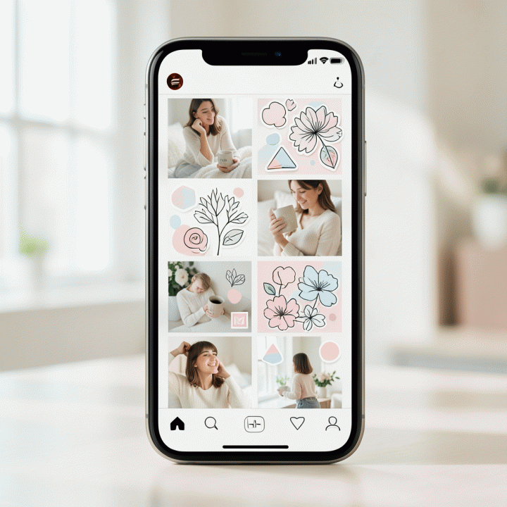 Tampilan layar smartphone yang menunjukkan feed Instagram yang sangat estetik dan terkurasi, dihiasi berbagai stiker digital premium dan elemen dekorasi minimalis yang konsisten.