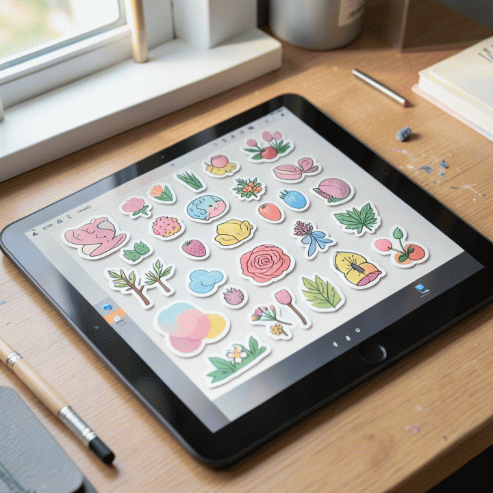 Ilustrasi close-up sebuah tablet yang menampilkan kanvas desain digital yang sedang dipercantik dengan berbagai stiker digital, menunjukkan proses kreasi konten.