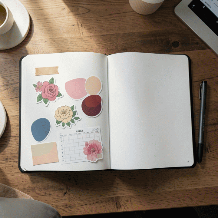 Flat lay dekorasi jurnal digital yang estetik dengan berbagai stiker digital, pena stylus, dan tablet di atas meja kayu yang hangat.