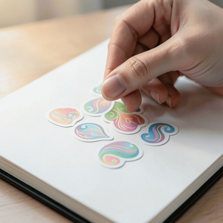 Hand placing digital stickers onto a journal page.