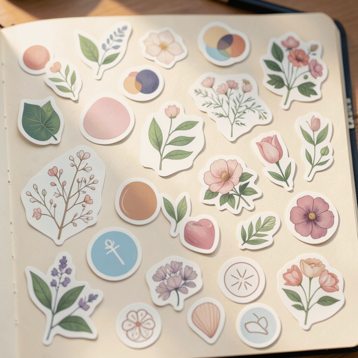 Collection of aesthetic digital sticker assets arranged around a digital notebook.
