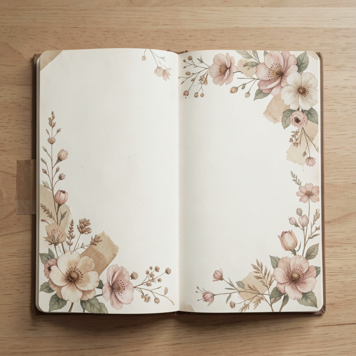 Halaman jurnal digital yang didekorasi secara estetik dengan elemen floral vintage, stiker digital, dan nuansa sepia, terlihat sangat detail dan artistik.