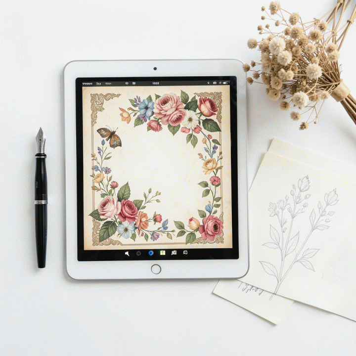 Tampilan datar (flat lay) yang menampilkan jurnal digital yang sudah didekorasi dengan sentuhan vintage dan floral, dikelilingi oleh alat tulis dan bunga kering.