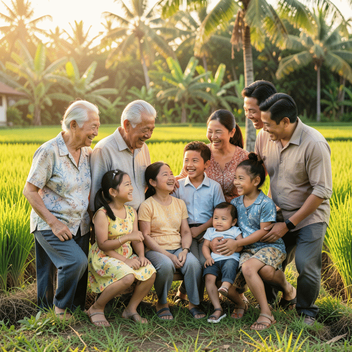 Foto potret keluarga Indonesia yang hangat dan ceria di luar ruangan saat golden hour, menampilkan berbagai generasi dalam suasana kebersamaan yang penuh kasih sayang.