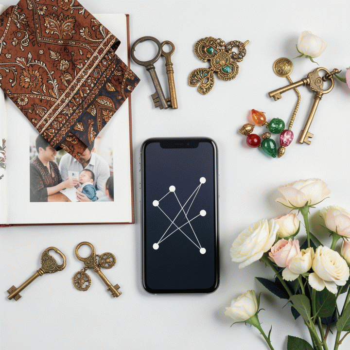 Komposisi flat lay berisi elemen-elemen kenangan keluarga seperti album foto dan gadget modern yang menyiratkan perencanaan acara atau dokumentasi silsilah.
