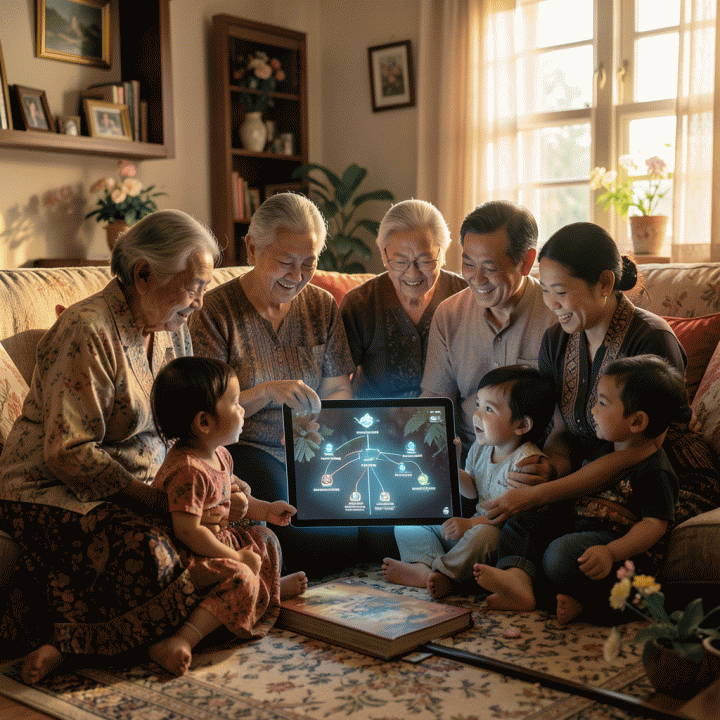 Foto keluarga Indonesia multi-generasi yang berkumpul hangat, melihat visualisasi pohon silsilah keluarga digital yang indah dan bercahaya di sebuah tablet, melambangkan pelestarian warisan keluarga.