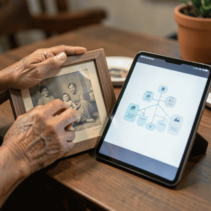 Perbandingan tangan yang menyentuh foto kenangan lama dan tampilan pohon silsilah keluarga digital yang terstruktur di tablet.