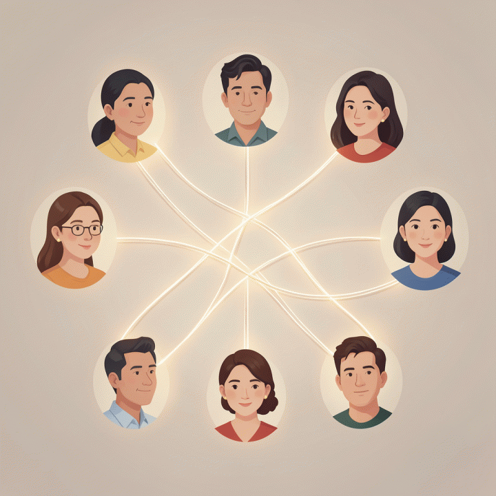 Ilustrasi artistik dan minimalis yang menunjukkan koneksi antargenerasi dan jaringan silsilah keluarga yang abstrak dan bercahaya.