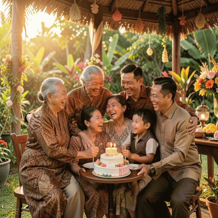 Foto keluarga Indonesia lintas generasi yang merayakan ulang tahun di luar ruangan saat golden hour, menangkap momen kehangatan dan kebahagiaan yang fotorealistik.