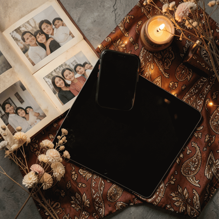 Flat lay foto properti kenangan keluarga yang menampilkan perpaduan unsur vintage dan teknologi digital.
