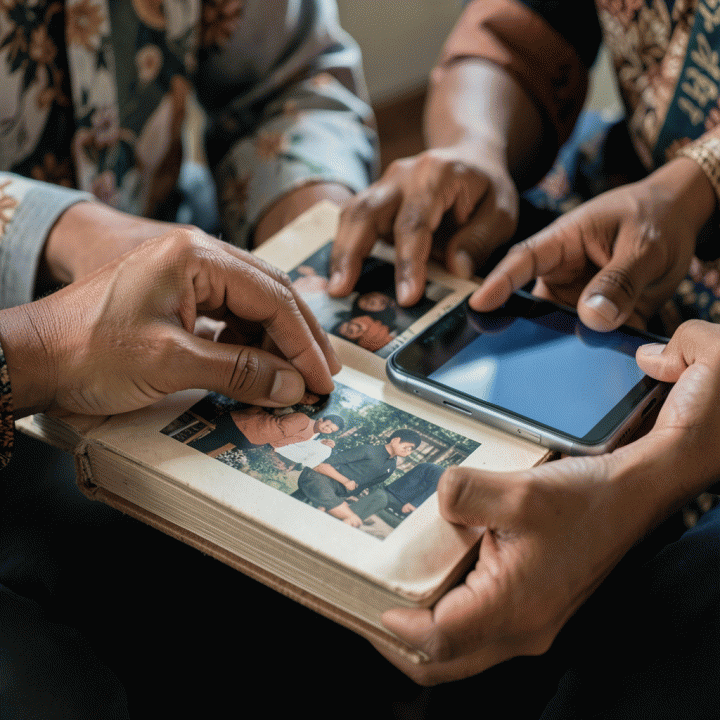 Foto close-up tangan keluarga lintas generasi yang memegang album foto fisik dan perangkat digital, melambangkan warisan kenangan.