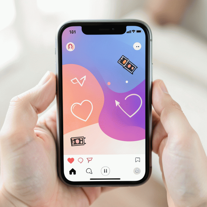 Tampilan abstrak antarmuka aplikasi perencanaan konten di smartphone, menunjukkan ide-ide hook video yang romantis dan kreatif.