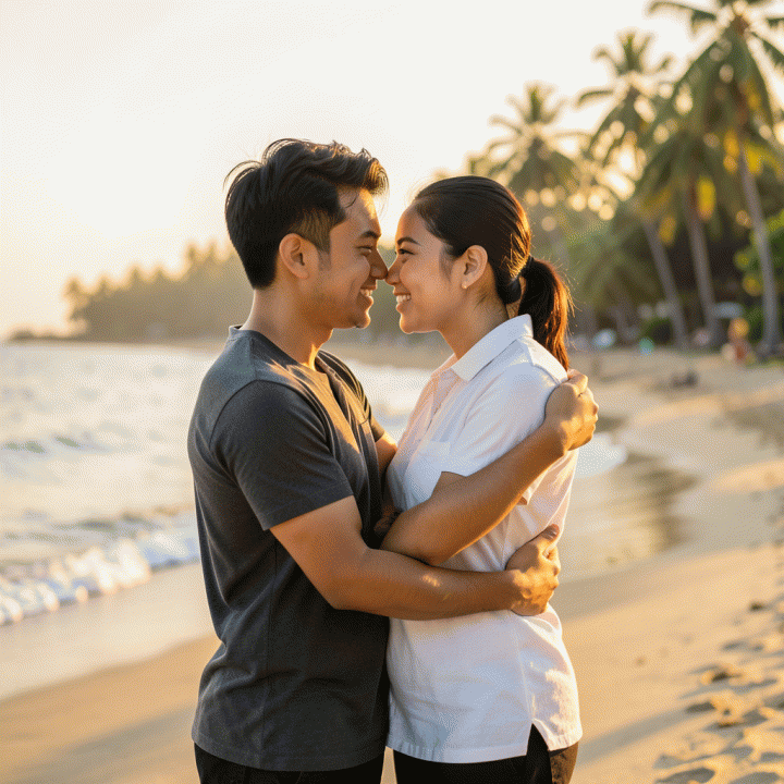 Pasangan muda Indonesia yang romantis dalam momen slow motion di bawah sinar matahari keemasan, melambangkan momen 'lift off' yang menarik.