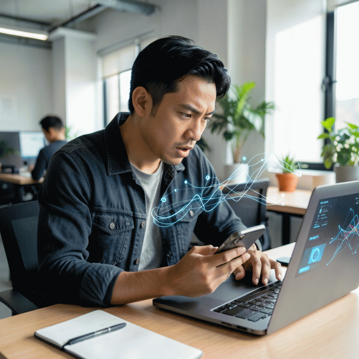 Seorang content creator yang sedang fokus bekerja di laptop dan smartphone, menggambarkan proses pembuatan konten yang produktif dan didukung teknologi.