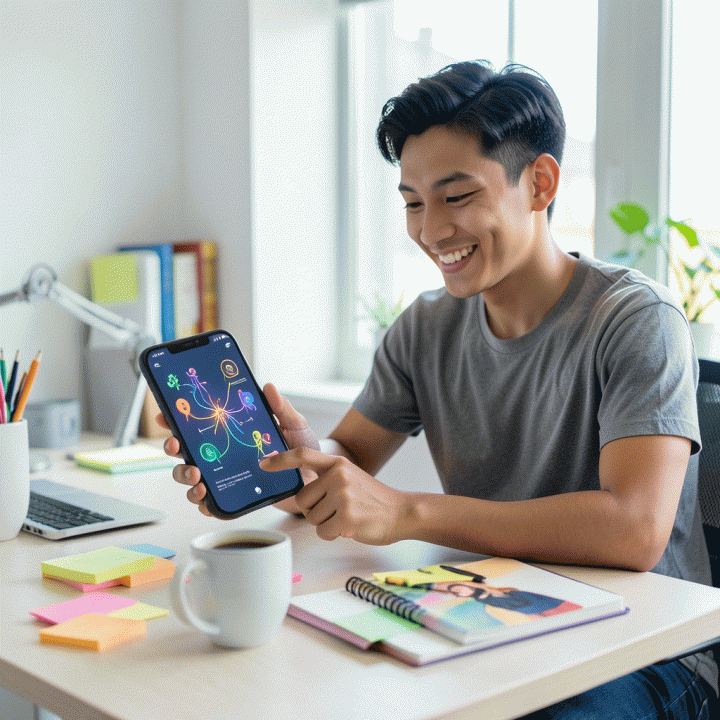 Seorang content creator muda Indonesia yang bersemangat dan fokus di meja kerjanya, dikelilingi oleh ide-ide kreatif dan visualisasi konten yang inspiratif, siap membuat konten TikTok viral.
