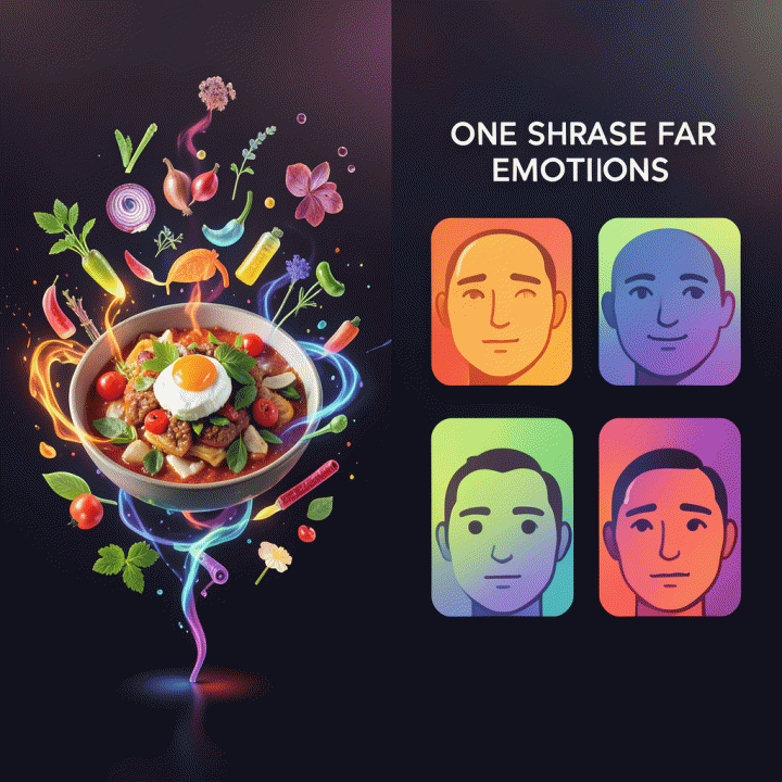 Visualisasi perbandingan dua format tren TikTok: Food Jutsu (transformasi makanan) dan One Phrase Four Emotions (representasi emosi), menunjukkan struktur konten yang kreatif.