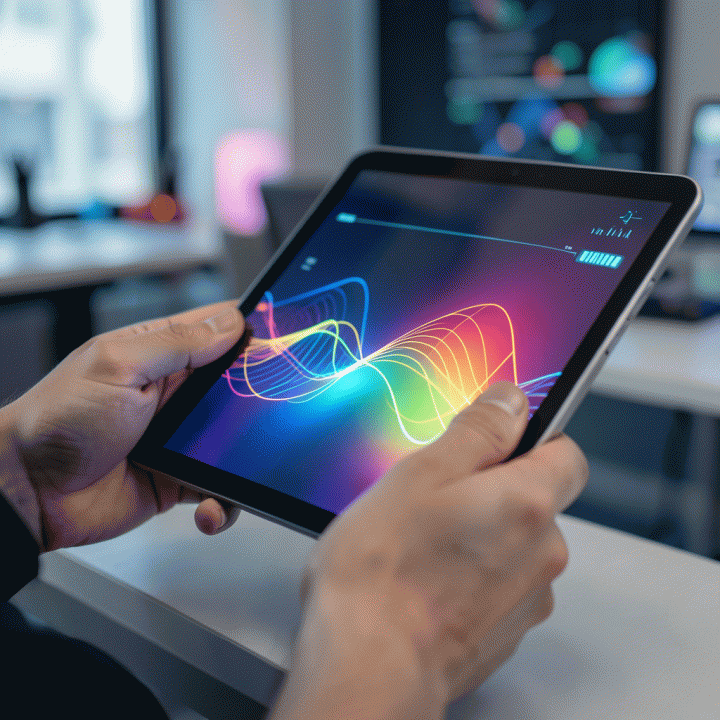 Tangan yang sedang berinteraksi dengan tablet futuristik yang menampilkan visual abstrak ide kreatif.