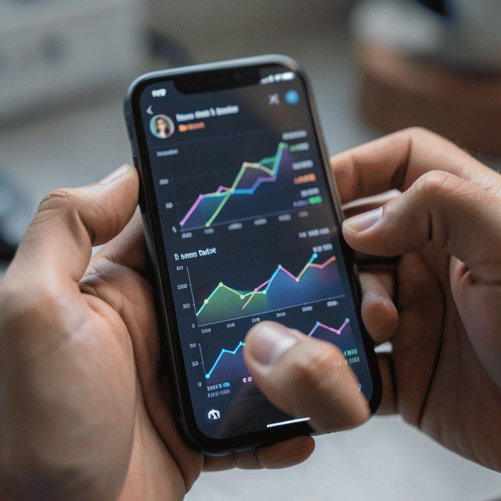Tangan seorang kreator konten sedang berinteraksi dengan ponsel yang menampilkan data analitik media sosial dan tren viral secara abstrak.